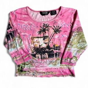 Y2K Pink green 3/4 long sleeve graphic 2000s small - Lizzie Mcguire vintage rare